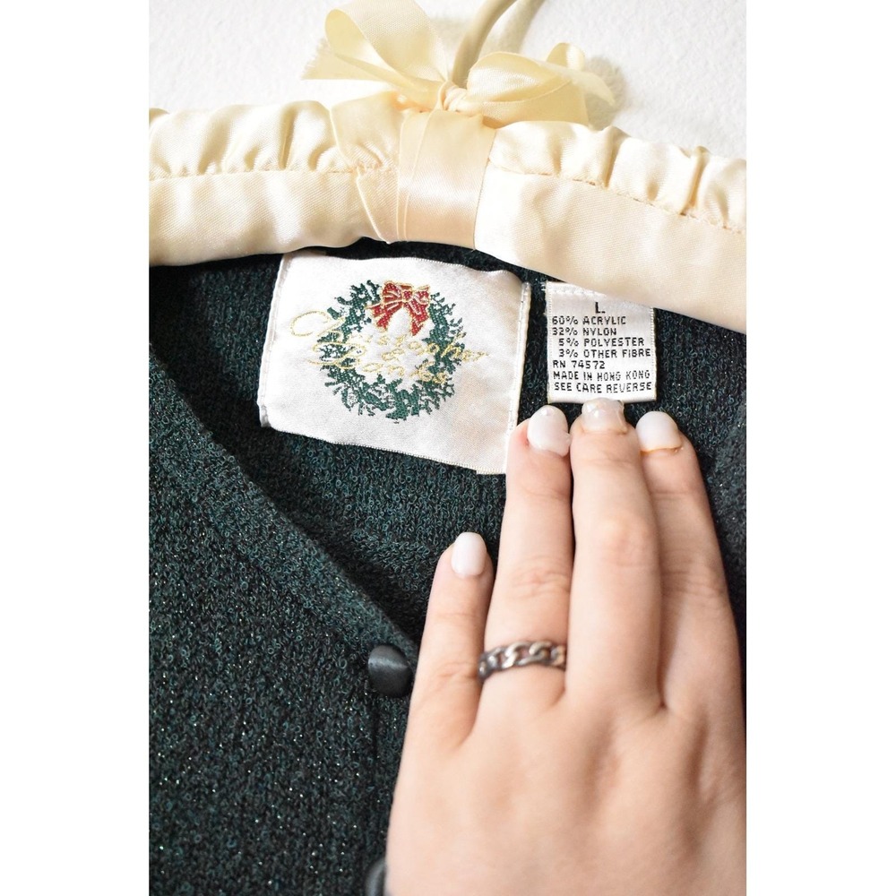Vintage 90s Christopher & Banks Green Metallic Shimmer Button Front Cardigan L - Picture 6 of 7